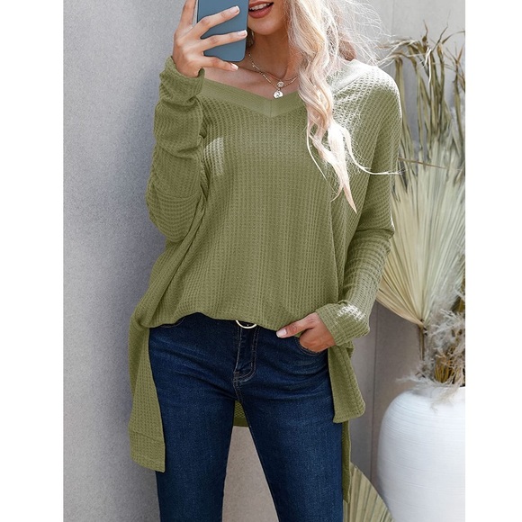 NWOT Waffle Knit High Low V-Neck Tunic M Army Green - Picture 2 of 8